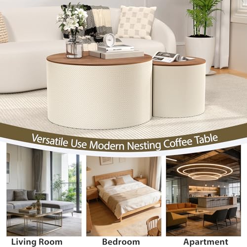 Nesting Coffee Table Set of 2, Round, White | Hidden Storage, Leather Wrapped, Stackable End Tables, No Assembly Required, For Small Space Living Room Apartment - color: White