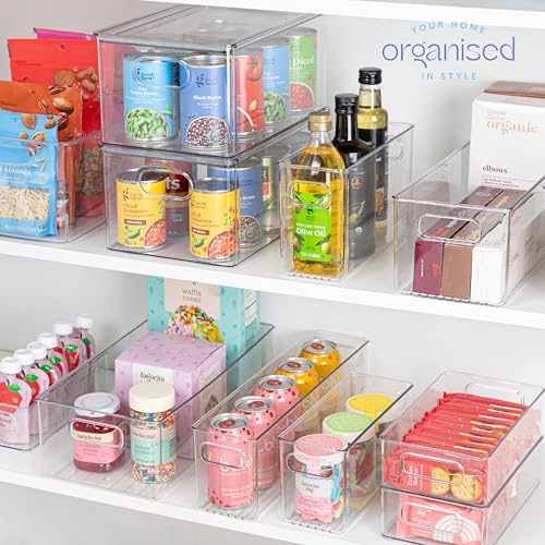 Plastic Food Storage 4 Pack Clear Container Bin with Handles for Organizing Kitchen, Pantry, Refrigerator, Freezer, Pantry, Cabinet, Closet, Bathroom. 10”x4”x6” - size: 10x4x6
