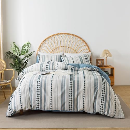 Washed Cotton Full Size Duvet Cover Set - Tufted Dots Boho Chic Bedding for All Seasons, Striped Bohemain Bedding Linen Like Textured Breathable Durable Soft Comfy (Blue, 89''x90'') - color: Blue, size: Full