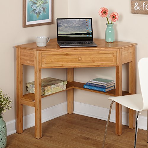 Ellen Bamboo Wood Small Corner Desk with Storage Drawer and Shelf – Compact Computer Table for Home Office, Bedroom, or Study, Bamboo Natural Finish - color: Natural Finish