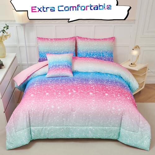 Girls Comforter Set with Sheets 6 Pieces Full Size Bedding Set Blue Pink Green Ombre Bed in A Bag Rainbow Tie Dye Kids Bed Sets Grandient Glitter Full Comforter Sets - color: Pink Blue and Purple, size: Full