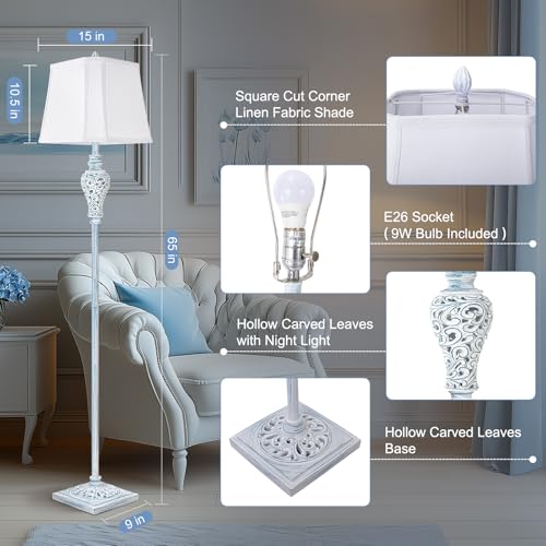 65" Tall Vintage Floor Lamp with Night Light, Farmhouse Carving Design | White Linen Shade, Washed Blue Finish, Rustic Tall Lamp Decor for Living Room Bedroom Study Home Corner, LED Bulb Included - color: Wash Blue