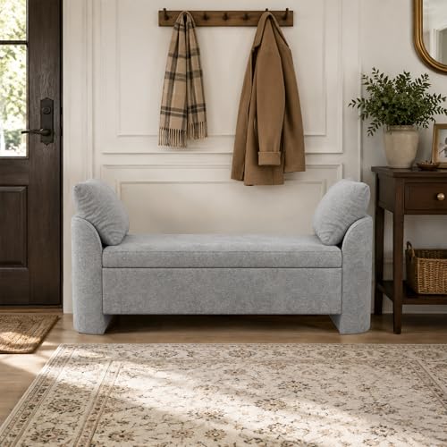 Usaint 58.3" Upholstered Storage Ottoman Bench with 2 Throw Pillows, Grey | End of Bed Bench with Curved Arms and Thickened Seat Cushion for Bedroom, Livingroom, Window, Entryway and Dressing Areas - color: Grey
