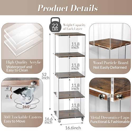 Acrylic Display Shelf with Wheel,4 Tier Bookshelf Storage Rack,Wood Shelves | Clear Acrylic Panels And Wood Shelves Create An Elegant Display Space For Books, Collectibles, Plants And Home Decor. - size: 4-Tier