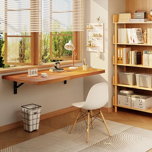 IAE Floating Wall Mounted Folding Table Desk with Pine Wood,36x22in, Teak | Foldable Workbench,Fold Down Wall Mounted Foldable Desk with Shelf Brackets,Laundry Folding Table for Home,Dining,Kitchen - color: Teak, size: 36*22*10 Inch