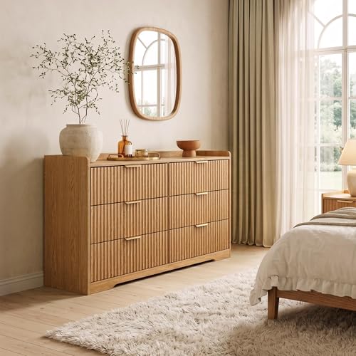Fluted 6 Drawer Bedroom Dressers Set of 2, 47"W x 26"H, Natural Oak | Modern horizontal chests of drawers with TV stand tops, metal handles, smooth-gliding drawers and anti-tip kits - size: 15.6"D x 47.2"W x 26.8"H (12 Drawers)