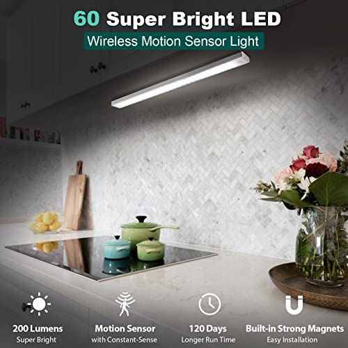 BLS 60 LED Closet Lights Battery Powered LED Lights, Super Bright Under Cabinet Lighting, Wireless Motion Sensor Light Indoor, 2400mah Rechargeable Battery Operated Lights, 120 Days Run Time (2 Pack) - color: 5500K Daylight White-13 inches-2 Pack
