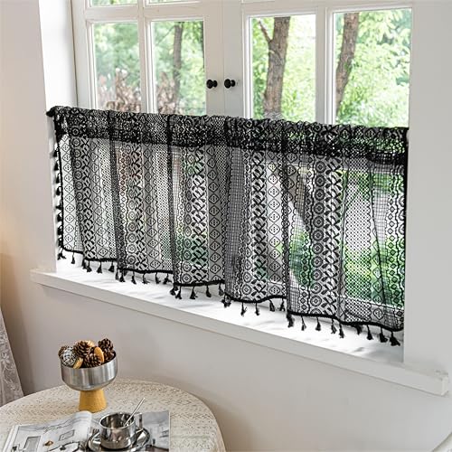 Sutuo Home Boho Valance Curtains for Kitchen Crochet Lace Sheer Bohemian Hollow Knitted with Tassels, Privacy Vintage Rustic Gothic Farmhouse Drapes, Rod Pocket 1 Panel 59" W x 18" L, Black - color: Black Crochet, size: 59"W x 18"L (Pack of 1)