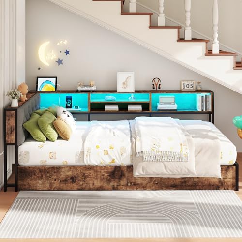 Twin XL Corner Bed Frame with Storage Bookcase and Upholstered Headboard | Metal Platform Bed Frame with 2 Drawers, Built-in LED lights and Charging Station, Metal Slats Support, Rustic Brown & Gray - color: Rustic Brown & Gray, size: Twin XL