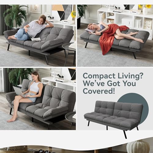 Futon Sofa Bed Convertible Couch, Grey Linen Sofa Bed | Adjustable Backrest & Armrests, Multifunctional Small Loveseat Sleeper Sofa for Living Room, Apartment, Office, Foam Couch - color: A2 | Light Grey
