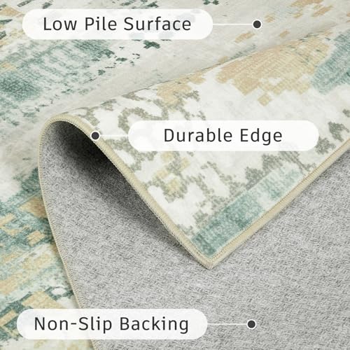 DCX Washable Abstract Area Rug 6x9, Non Slip Low Pile Rug, Sage Green | Easy to clean, non-shedding, soft, kid & pet friendly, with a non-slip rubber backing for living rooms, bedrooms, and offices - color: Green & White, size: 6' x 9' (Rectangular)