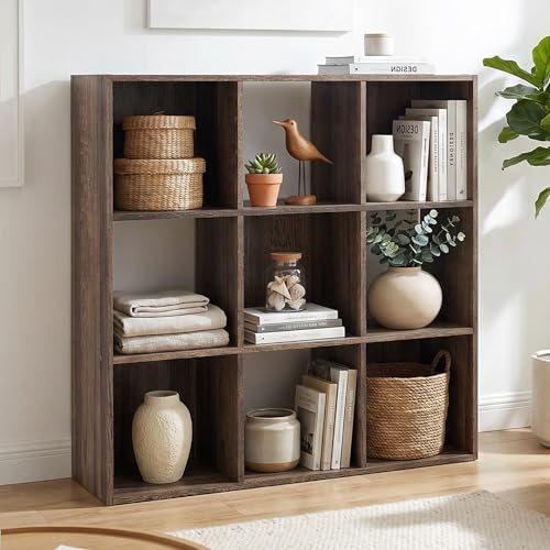 Signature Design by Ashley 9 Cube Organizer Bookshelf, Weathered Brown | Weathered brown engineered wood, Space-saving 9-cubby display shelf for living rooms and bedrooms, Shallifer Series - color: Brown, size: Nine Cube