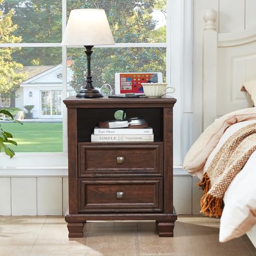 Farmhouse Nightstand with Charging Station, Walnut | End Tables Bedroom with 2 Drawers, Traditional Night Stand with Open Shelf & Thickened Top & Square Wooden Legs - color: Walnut, size: 18"D x 18"W x 25"H (2 Drawers)