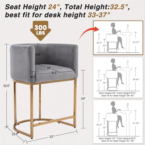 HNY Modern Counter Height Velvet Fabric Upholstered Counter Stools Set of 2, 24 Inch Kitchen Island Stool with Gold Finish Metal Frame, Grey - color: 24inch ,Grey,gold Base