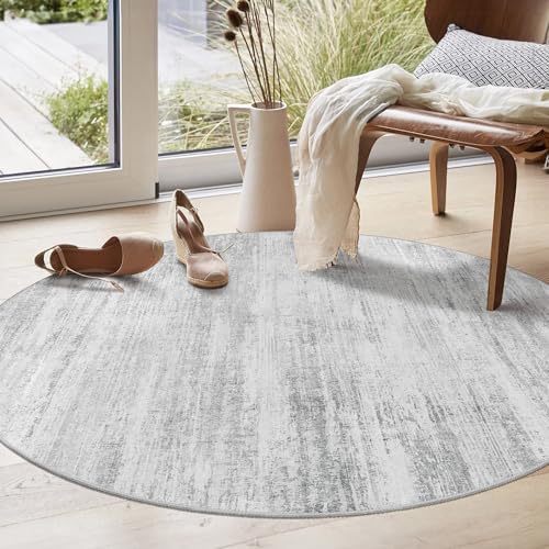 Round Rug 4ft Small Cicle Area Rug Washable Low Pile Non Slip Modern | Machine Washable Circular Throw Carpet for Entryway Bedroom Kitchen Abstract Floor Indoor Accent Neutral Grey - color: Grey, size: 4' (Round)