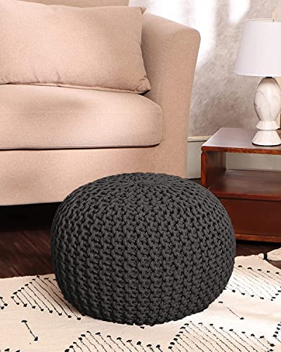 · REDEARTH · Round Ottoman - Hand Knitted Boho Poof Footrest - Dark Gray | 100% Cotton, 19.5"x19.5"x14"; Doubles as Footstool, Foot Rest; Great for Living Room, Bedroom, Nursery, Patio, Dorm, Lounge - color: Dark Gray, size: 19.5"D x 19.5"W x 14"H