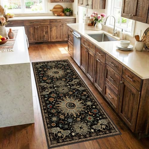 Vacuum-Friendly, 2x6 Washable Area Rug, Black Green Beige | Sun and Moon Boho Gothic Non-Slip Low Pile Living Roon Bedroom Dining Room Kitchen Entry Entryway Entrance Hallway Doormat - color: Black/Green/Beige, size: 2' x 6' (Runner)