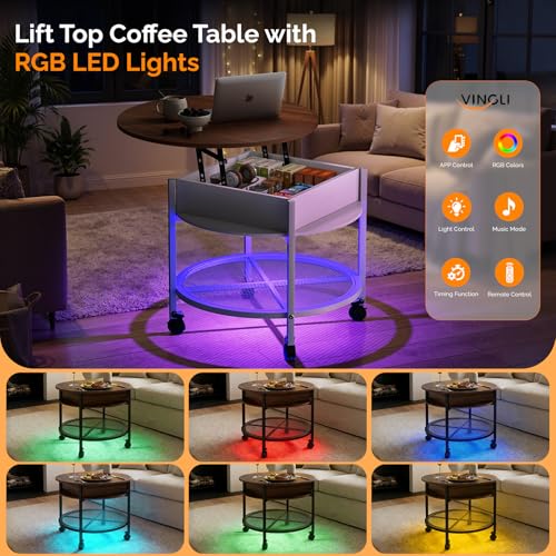VINGLI 27" Round Lift Top Coffee Table with Wheels & Lights, White & Brown | Removable Coffee Table with Hidden Compartment Storage & Metal Shelf, Small Farmhouse Coffee Tables for Living Room, Office - color: White & Brown