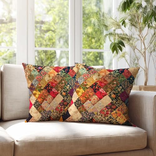 Floral Patchwork Print Throw Pillow Covers 18x18 Inches Set of 2 | Cottagecore Garden Cushion Cases | Boho Pillowcases for Living Room Couch Sofa | Spring Summer Home Decor - color: Farmhouse Patchwork