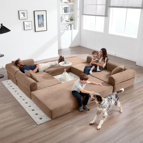 L-Shape Modular Sectional Sofa Bed, Corduroy Boneless Couch, Brown | Boneless Couches for Living Room, Sleeper Futon Sofa Bed, Modular Couch with Storage, Pull Out Couch, No Assembly Required - color: Brown
