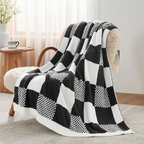 Snuggle Sac Checkered Blanket, Black White Throw Blanket for Couch Plaid Microfiber Fluffy Warm Fuzzy Cozy Soft Throw Blanket Reversible Checkered Blankets for Sofa, Chair, Bed, Twin(60"x80") - color: Checker Black White, size: Twin(60"x80")