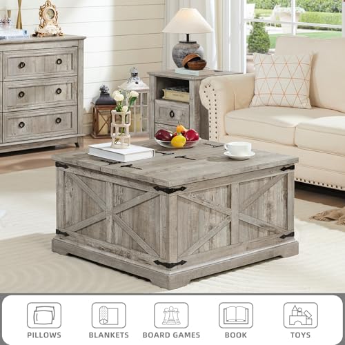 Joaxswe Farmhouse Coffee Table with Large Hidden Storage Compartment, Light Oak Square Center Table, Wood Rustic Low Modern Living Room Tables with Hinged Lift Brown Top & Wooden Arc Base - color: Light Oak, style: With Base