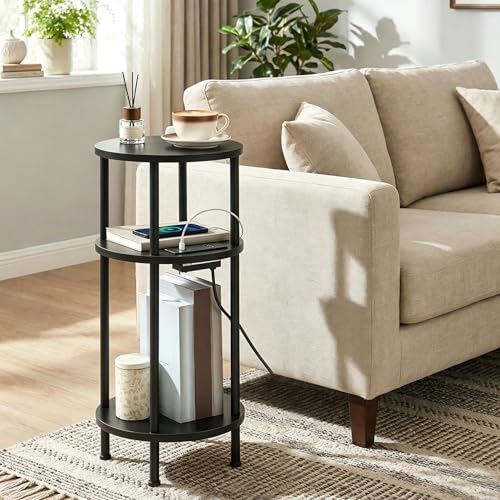 HOOBRO Small Round Side Table, 3-Tier Compact Sofa End Table with Charging Station, Circle Bedside Table Nightstand with Storage, for Small Space, Living Room, Bedroom, Black BB219UBZ01 - color: Black