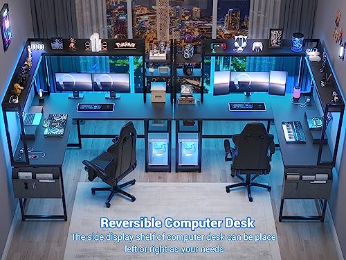 Aheaplus 57 Inch L Shaped Gaming Desk with Power Outlet & LED Lights, Black | Reversible Corner Computer PC Desk with Hutch, Monitor Stand, Storage Shelf & Storage Bag for Home Office, Writing Desk - color: Black