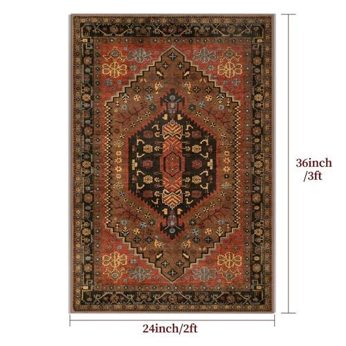 Ciicool 2x3ft Small Area Rug,Washable Boho Thin Mat for Entryway Kitchen | Oriental Non-Slip Low-Pile Indoor Carpet Soft Entry Rugs for Entrance Bedroom Kitchen Bathroom Foyer Decor - color: Red/Gold, size: 2' X 3' (Rectangular)