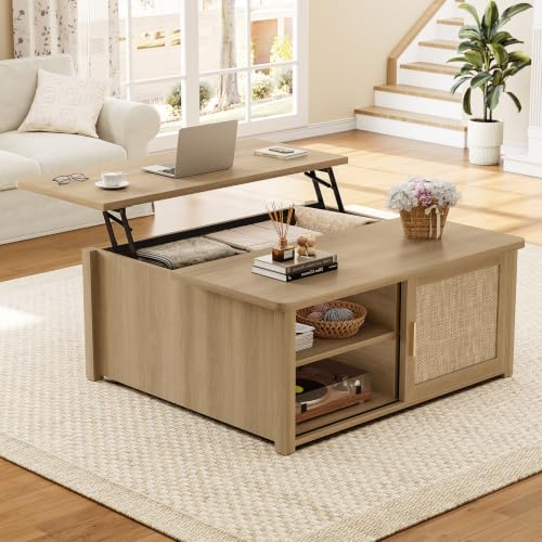SEDETA 31.5" Lift Top Coffee Table with Storage, Square Coffee Tables for Living Room, Farmhouse Coffee Table with Large Hidden Storage Compartment and Adjustable Shelves, Rattan Oak - color: Rattan Oak