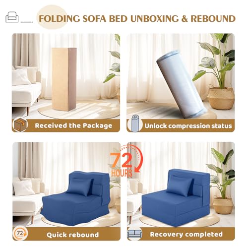 Fvkind Folding Sofa Bed with Pillow, Washable Cover, Single Size, Blue | Linen-Like Fabric - Foldable Space-Saving Design - Portable Guest Bed - Living Room & Apartment - Adults & Guests - color: Blue, size: Single