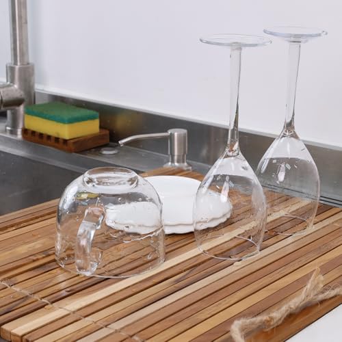 HTB Over Sink Dish Drying Rack 17.8'' x 16.1” Teak Wood | Roll Up Dish Drying Rack for Kitchen Counter,Space Saving,Collapsible Dish Drying Mat for Bowls,Vegetables,Fruits,Bottles