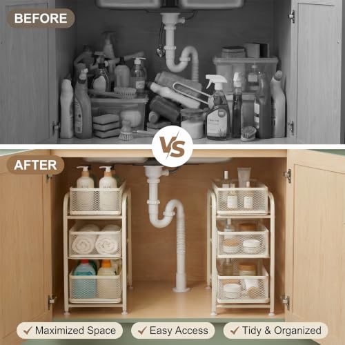 3 Tier Under Sink Organizer, Pull Out Cabinet Storage Organizer with Sliding Mesh Drawers, Heavy Duty Metal Under Sink Storage for Kitchen, Bathroom, Cabinet, Small Space, White, 1 Pack