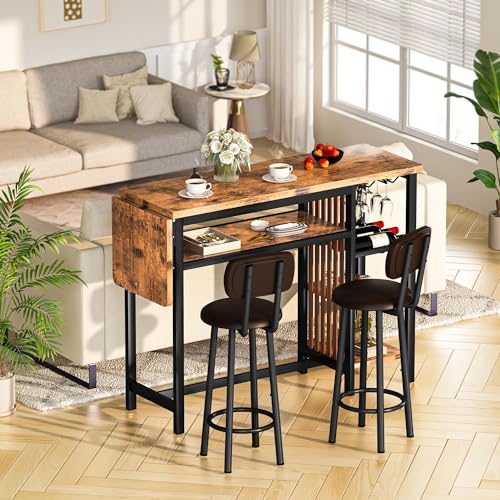 Recaceik Bar Dining Table Set, 59" Expandable Kitchen Counter Height Dining Table Set with Storage Shelves, Cup Holder & Wine Rack, PU Upholstered Stools Bar Table Set with Backrest for Kitchen - size: 59 inches