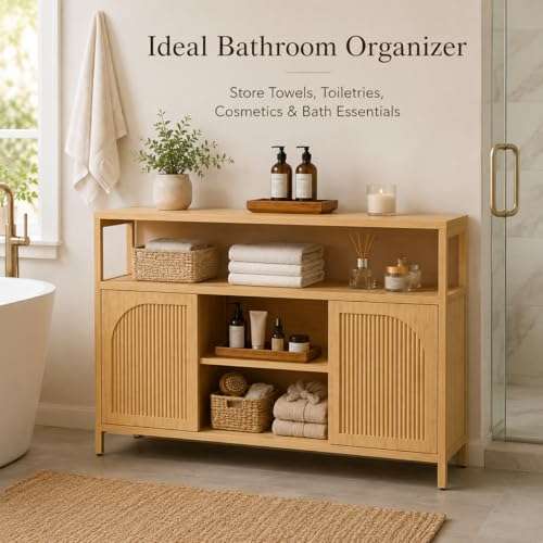 Bamboo Buffet Cabinet with Storage, Natural Sideboard Cabinet | 49“ Kitchen Storage Cabinet with 2 Doors and Shelves, Modern Buffet Table for Dining Room, Living Room, Bathroom, Entryway