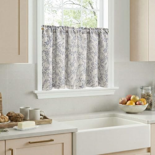 jinchan Floral Kitchen Curtains for Windows 24 Inch Linen Lined Tier Farmhouse Cafe Curtains Country Botanic Small Window Rod Pocket Rustic Flax for Laundry Bathroom RV 2 Panels Blue on Beige - color: Lined Blue on Beige, size: 25"W x 24"L (Pack of 2)