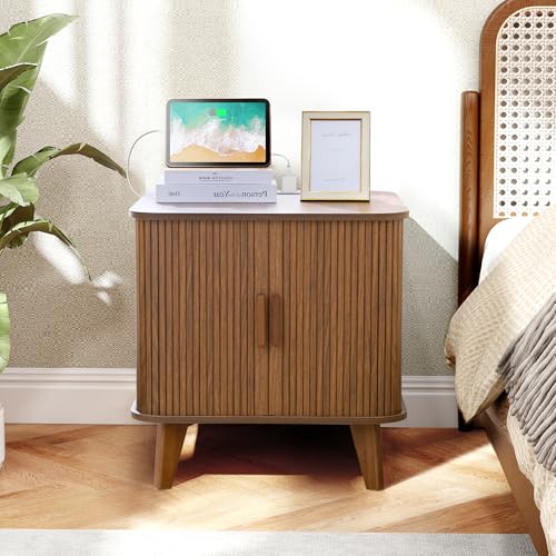 24" Modern End Table with Charging Station, Fluted Side Table,Walnut | Farmhouse Sofa Side Tables Living Room, Mid-Century Wood Nightstand with Sliding Tambour Door & Storage, Wooden End Table - color: Walnut