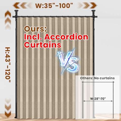 100% Blackout Room Divider Curtains Sets Beige W100 x L96 in,1 Panel Curtain Rods No Drilling Adjustable Tension (H) 43-120×(W) 35-100 in for Sound Dampening Privacy Partition - color: Beige, size: 100"W x 96"L (Pack of 1)
