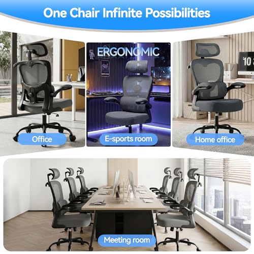 Ergonomic Office Chair, Desk Chair with Adjustable Lumbar Support | High Back Breathable Mesh Computer Chair with Adjustable Headrest,Hanger,Flip Up Armrest and Rocking Function for Home Office - color: Dark Gray