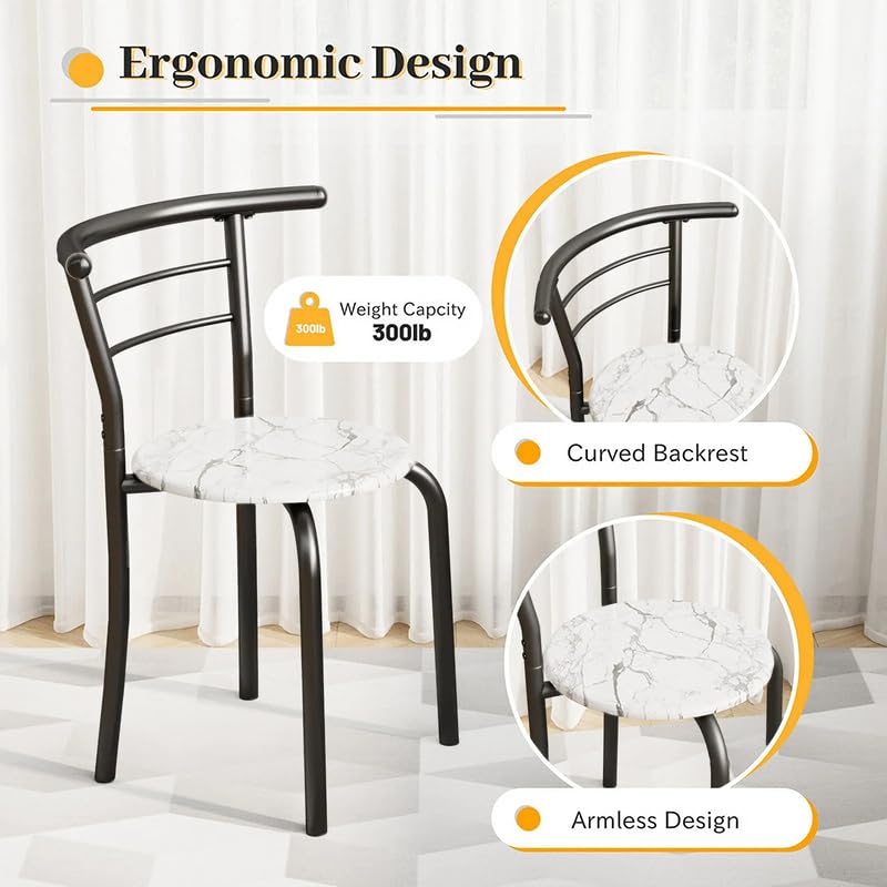 Shahoo 3-Piece Dining Table Set for 2, Kitchen Breakfast Nook Set | 2 Chairs & Round Tabletop, Space Saving Wooden Furniture Metal Frame and Built-in Wine Rack, Marble White & Black - color: Marble White & Black