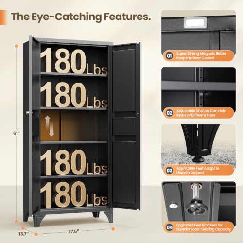 Metal Storage Cabinet with 2 Doors and 4 Adjustable Shelves - 71" Black Kitchen Pantry Storage Cabinet,4-Tier Tall Steel Cabinet Locker for Living Room,Dining Room,Kitchen - color: Black, size: 71"- 4 Adjustable Shelves-A