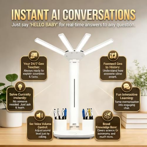 AI Smart Talking Desk Light with Clock,Interactive Talking Storyteller & Educational Companion, Adjustable Foldable Table Lamp with Pen Holder, 3 Brightness Levels, USB Charging Port
