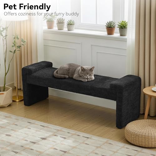 Upholstered Entryway Bench, 58.7" Modern Bedroom Bench, Black | Sherpa Fleece, Curved Armrests, Solid Wood Frame, End of Bed, Bedroom, Living Room, Hallway - color: Black-sherpa, size: 58.7"