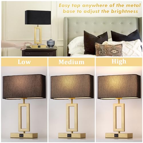 gernehop Black Table Lamps Set of 2 with Dual USB Ports,3-Way Dimmable Touch Control Bedside Lamps,Modern Bedroom Table Lamp for Living Room,Nightstand LED Bulbs Included - color: 16inchBlack&Gold