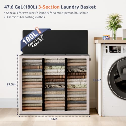 SOLEDI Large Laundry hamper 3 Section with Laundry Bag, XL Clothes Basket | 3-Section Large capacity Laundry Sorter with Odor-Blocking Lid, Robust Iron Frame & Waterproof 600D Fabric, 3 Washable Bags - color: Beige, size: 180L