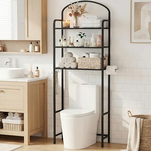 3 Tier Over The Toilet Storage Rack, Bathroom Organizer | Toilet Storage with 4 Hooks & Paper Holder, Space-Saving, Freestanding Bathroom Shelf, Metal, Black - color: Black, size: 3-tier