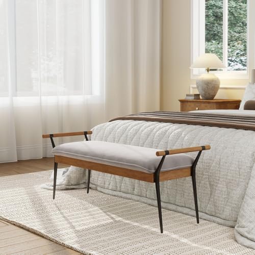 DUOMAY Modern Chenille Ottoman Bench with Arms & Metal Legs, Grey | Mid Century Rectangle Bench Footstool Dining Bench Entryway Shoe Bench For Bedroom Living Room - color: Grey