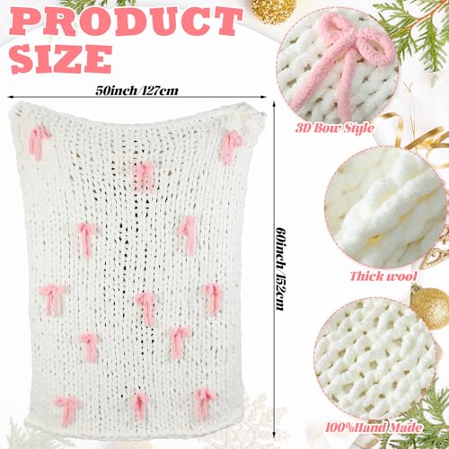 Pink Bow Chunky Knit Blanket Throw Large 50" X 60" 100% Handmade Cream Chenille Loop Yarn Fluffy Soft Knitted Throw Big Cozy Thick Cable Knit Crochet Blanket for Couch Sofa Bed
