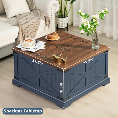 Joaxswe Farmhouse Coffee Table with Large Hidden Storage Compartment, Navy Blue Square Center Table, Wood Rustic Low Modern Living Room Tables with Hinged Lift Brown Top & Wooden Arc Base - color: Blue, style: With Base