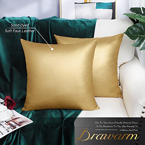 BRAWARM Faux Leather Throw Pillow Covers 16 X 16 Inches - Gold Leather Pilow Covers Pack of 2, Solid Dyed Leather Pillowcases for Couch Bed Sofa Garden Home Decorative - color: Gold, size: 16" x 16" (Pack of 2)